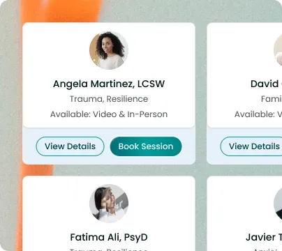 Therapist access interface showing provider cards and booking actions.