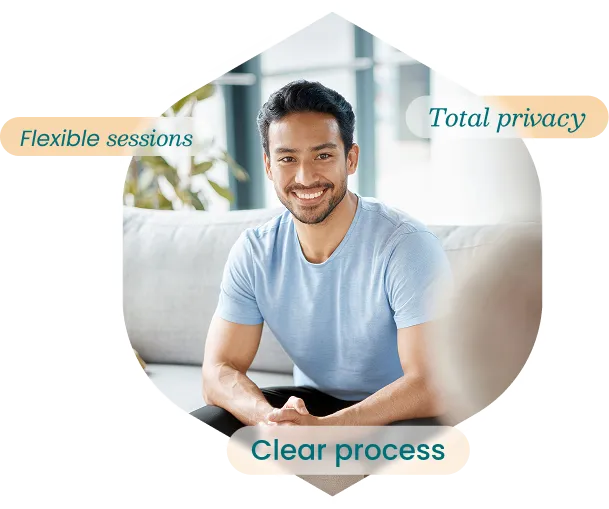 A person smiling inside a hexagonal frame with labels for flexible sessions and a clear process.