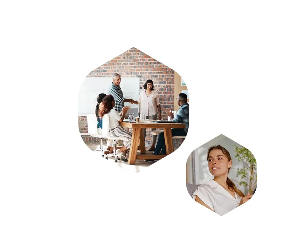 Samata Health care moments showing a workplace conversation and a person reflecting in a bright room.