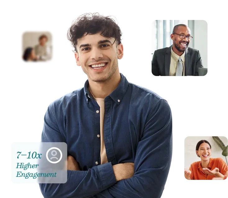 A smiling employee surrounded by people cards and a higher engagement statistic.