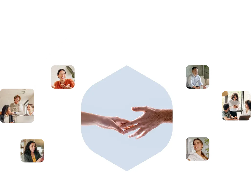 Hands reaching toward each other inside a soft geometric frame, surrounded by people supported by Samata Health.