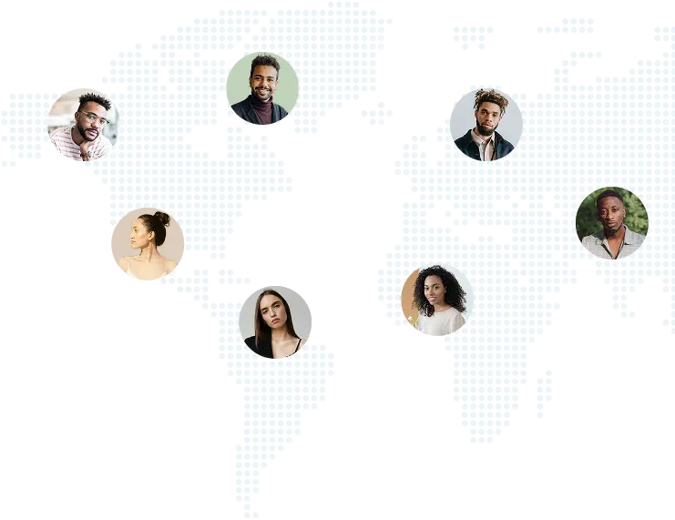 A dotted world map with avatar portraits representing Samata Health’s growing care network.
