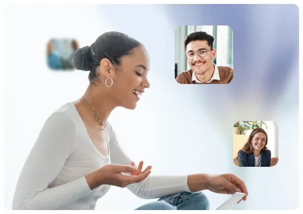 A person in conversation with two therapist profile previews over a soft blue background.